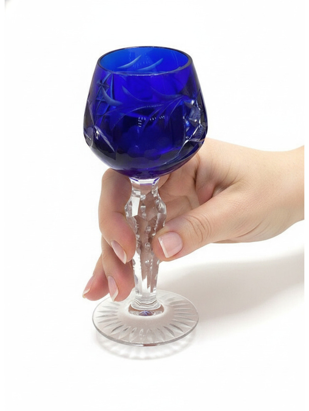 Cobalt Blue Cut Clear Bohemian Czech Aperitif Cordial Stem Lausitzer Traube